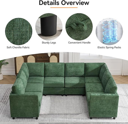 104'' U Shaped Modular Sofa, Sectional Couches with Storage for Living Room, Oversized 8 Seater Cloud Sectional Couch, Chenille Dark Green