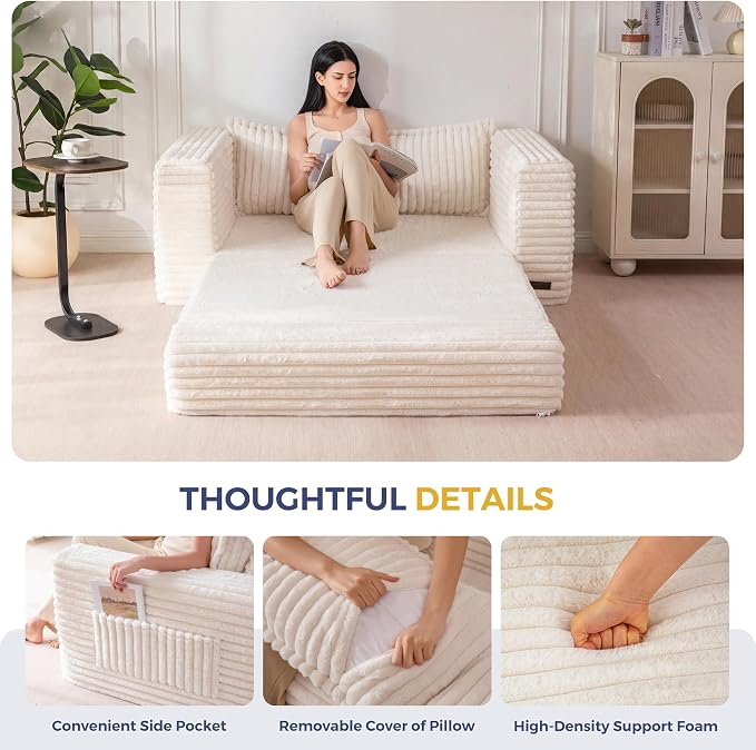 MAXYOYO Convertible Sofa Bed, 2 in 1 Folding Couch Bed for Small Space, Pull Out Loveseat Sofa Couch with Large Back Pillow, Plush Faux Fabric Lounge Couch for Living Room, Apartment, Beige