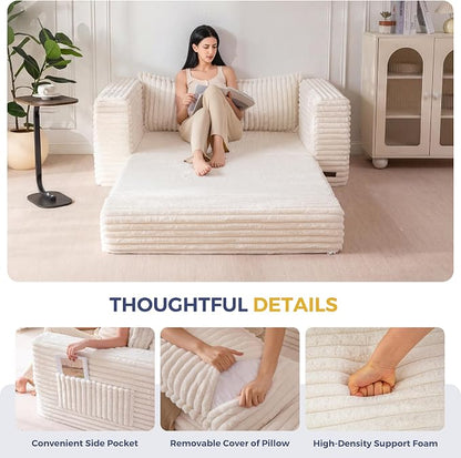 MAXYOYO Convertible Sofa Bed, 2 in 1 Folding Couch Bed for Small Space, Pull Out Loveseat Sofa Couch with Large Back Pillow, Plush Faux Fabric Lounge Couch for Living Room, Apartment, Beige
