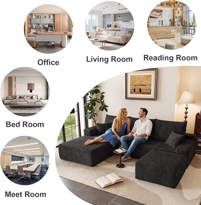 95" Cloud Sectional Couch U-Shaped Chaise with Ottoman, Corduroy Boneless Couch for Living Room Bedroom, Deep-Seat Upholstered Modular Cloud Sofa, No Assembly Required (Black, Left Facing Chaise)