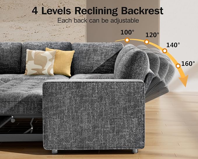 Vipbear 5 Seat L Shaped Modular Sectional Sleeper Sofa Bed with Pull Out Bed/Reclining Backrest/USB Ports/Storage Seat, Sectional Sleeper Couch, Tool-Free Assembly, Chenille Dark Grey