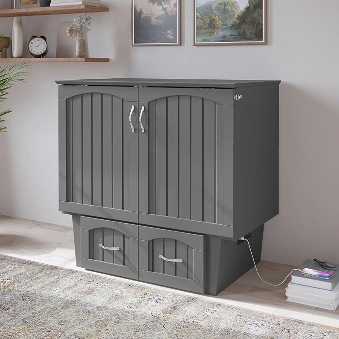 AFI, Nantucket Twin Murphy Bed Chest with Mattress, Storage Drawer and Built-In USB Charger, Grey