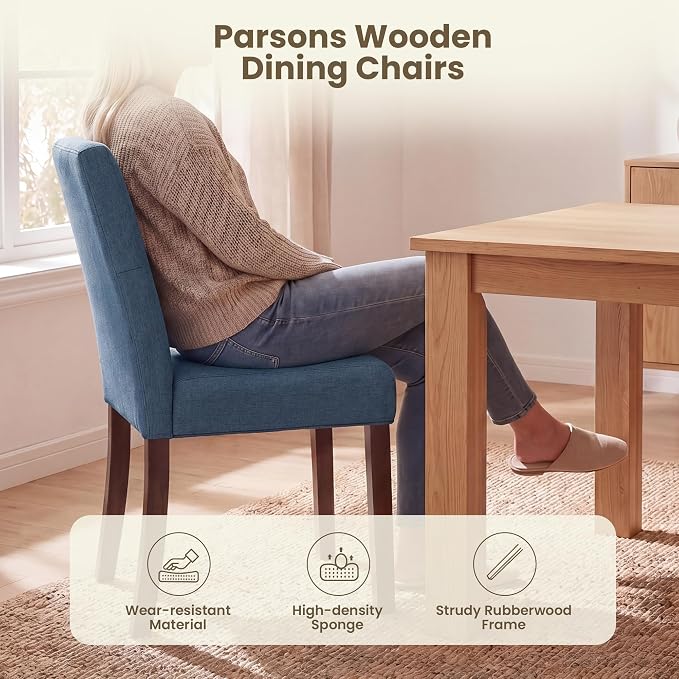 Upholstered Dining Chairs Set of 4, Modern Fabric Dining Chairs with Tufted Design, Kitchen Side Chairs, Farmhouse Dinner Chair with Wood Legs for Kitchen Restaurant Living Room, Blue