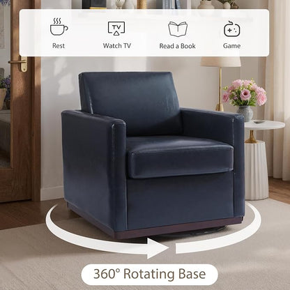 360° Swivel Accent Chairs Set of 2, 31" Wide Faux Leather Upholstered Club Armchairs for Living Room, Comfy Square Swivel Barrel Chair with Metal Base, Navy