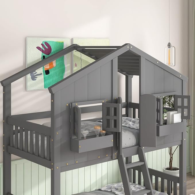 GDFStudio Twin Over Twin House Bunk Bed with Roof,Windows,Door,Window Boxes,Safety Guardrails & Ladder,Pine Wood Frame,Low-Height Kids Bunk Beds for Bedrooms,Playful Loft Bed with Easy Assembly, Grey