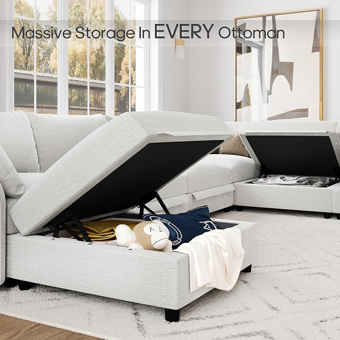 DreamDashio 5-Seat V-Shaped Sectional Sofa, Oversized Extra Wide Deep Seat Detachable Modular Cloud Couch, Certified Chenille Fabric with Storage & Adjustable Arms, for Living Room, Beige