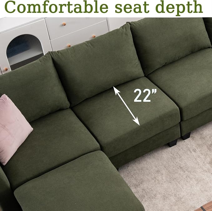 150.4" Large Sectional Couches for Living Room, 8 Seater L Shaped Modular Sectional Sofa with Storage Ottoman & USB, Oversized Corner Couch for Living Room（Green）