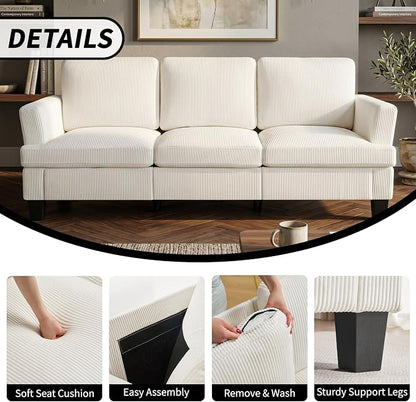 Modern 3 Seater Sofa for Living Room with Soft Deep Seats, Sofa 3 Seater in Linen, Upholstered Apartment Sofa with Armrests, Comfy Cozy Sofas for Bedroom (Corduroy, White)