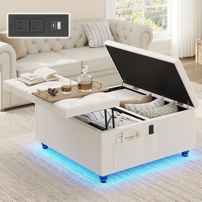 Dnxao Large Ottoman with Storage,Lift Top Coffee Table 31.5" Square Upholstered Tufted Footrest with LED Lights, Charging Station,2 Side Pockets and Removable Tray for Living Room, Beige