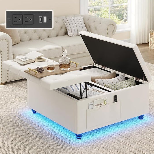 Dnxao Large Ottoman with Storage,Lift Top Coffee Table 31.5" Square Upholstered Tufted Footrest with LED Lights, Charging Station,2 Side Pockets and Removable Tray for Living Room, Beige