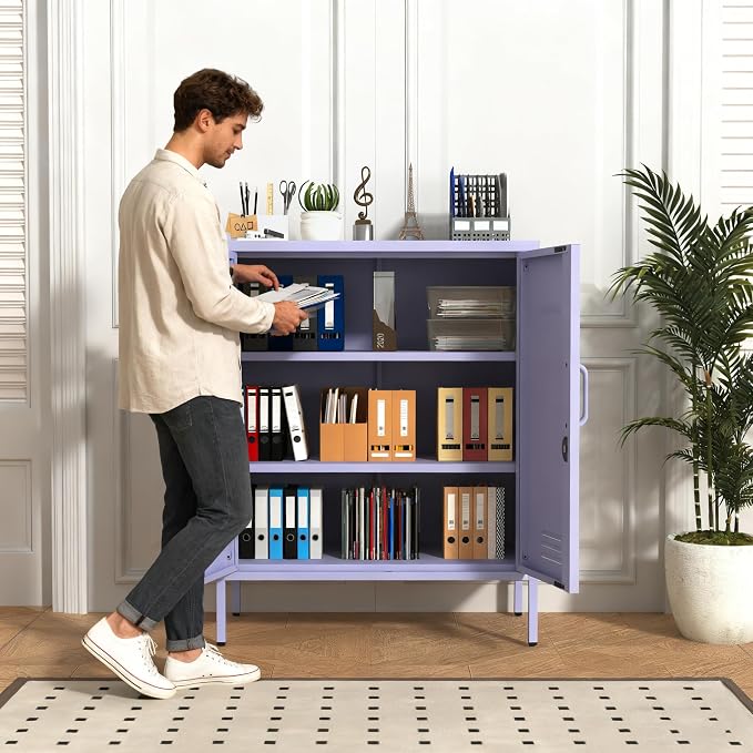 Multipurpose Accent Cabinet Locker, Metal Storage Cabinet with 2 Adjustable Shelves, Heavy Duty & Lockable Organizer Made of Thickened Steel, Easy Assembly for Home, Entryway, Purple