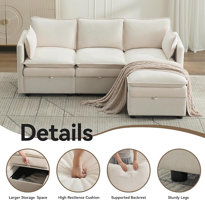 80" Cloud 3 Seater Sectional Modular Couch with Storage Ottoman, Upholstered Storage Sofa Deep Seat, Chenille L Shape Sofa Comfy Couches with Armrests for Living Room, Small Space, Beige