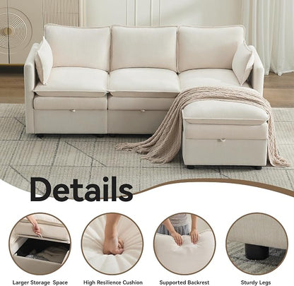 80" Cloud 3 Seater Sectional Modular Couch with Storage Ottoman, Upholstered Storage Sofa Deep Seat, Chenille L Shape Sofa Comfy Couches with Armrests for Living Room, Small Space, Beige