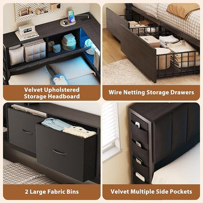 MapleGrace Twin Corner Bed Frame with Upholstered Storage Headboard and Drawers, Metal Platform Bed Frame with LED Light and Charging Station, Twin Daybed for Living Room, Bedroom & Guest Room, Black
