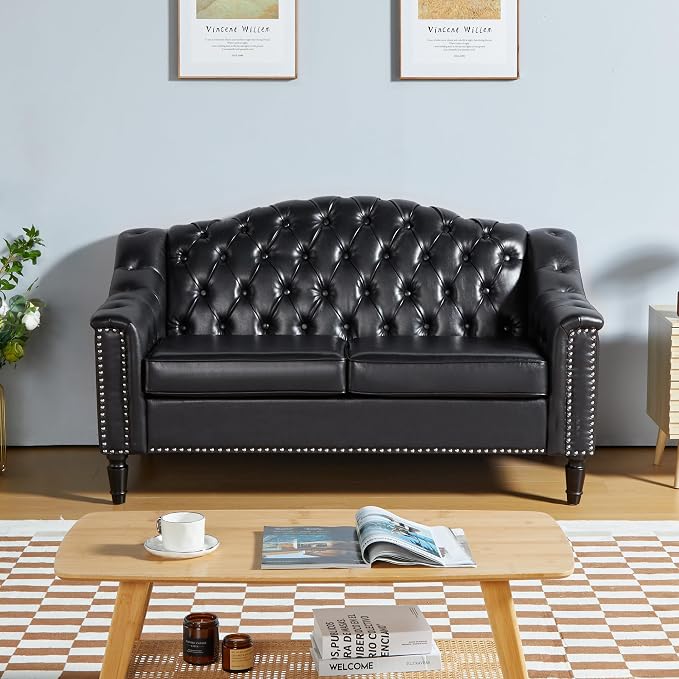 LEVNARY Chesterfield Loveseat Leather, Upholstered Sofa with Button-Tufted Back, Mid-Century Modern Sofa with Solid Wood Legs, 2 Seater Couches for Living Room (Black)