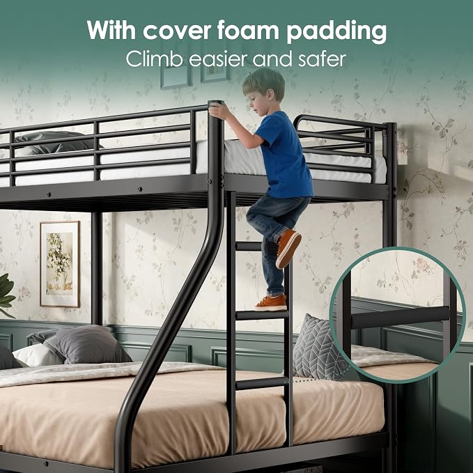 Twin XL Over Queen Bunk Bed Size, Heavy Duty Bunk Beds with Bottom Space & Guardrail Metal Bunk Bed Frame for Adults Dorm Bedroom Guest Room, No Box Spring Needed（Upgrate Black）