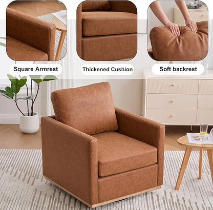 Swivel Accent Chair Set of 2, 360 Degree Square Swivel Chair for Living Room, Mid Century Modern Upholstered Barrel Chair,Comfy Sofa Armchairs for Bedroom,Nursery,PU Leather, Brown
