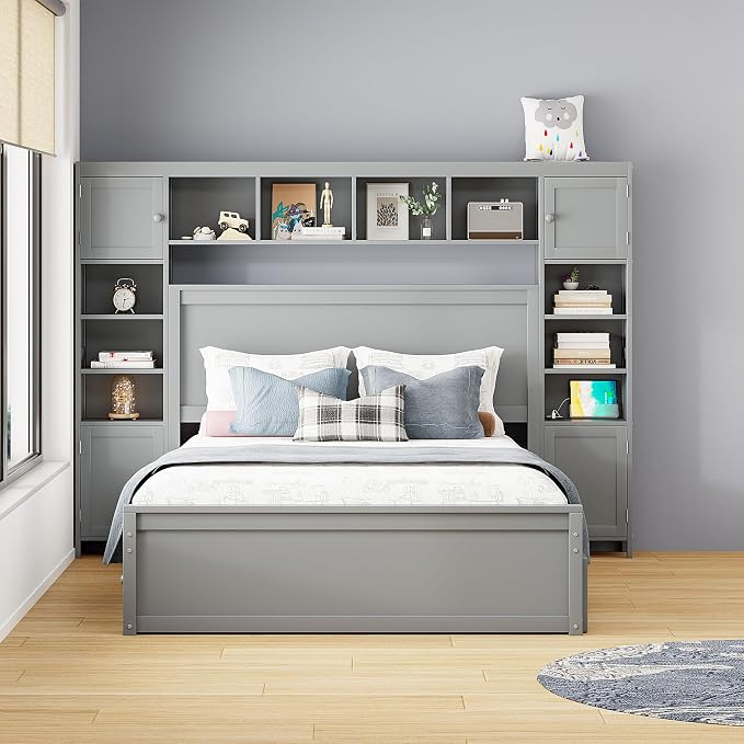 Merax Queen Size Wooden Bed with All-in-One Cabinet and Shelf, Gray Platform Bed Frame with 2 Drawers, Trundle and Sockets