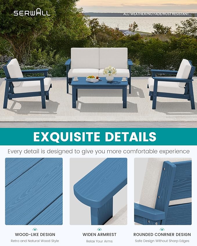 SERWALL HDPE Outdoor Couch Set of 2, Blue Frame and Khaki Cushion