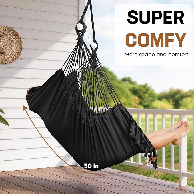 Hammock Chair Hanging Chair Heavy Duty 500 Lbs, Hanging Hammock Chair with Steel Spreader Bar & Adjustable Straps, Indoor Outdoor Hammock Swing for Bedroom Patio Porch Balcony Backyard Camping -Black