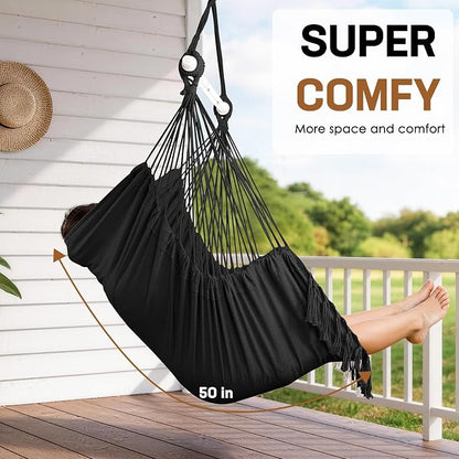 Hammock Chair Hanging Chair Heavy Duty 500 Lbs, Hanging Hammock Chair with Steel Spreader Bar & Adjustable Straps, Indoor Outdoor Hammock Swing for Bedroom Patio Porch Balcony Backyard Camping -Black