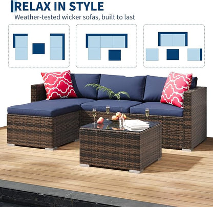5-Piece Outdoor Sectional Sofa Set, All-Weather PE Rattan Patio Furniture with Ottoman & Tempered Glass Table, Convertible Garden Couch for Backyard, Porch, Poolside (Brown/Dark Blue)