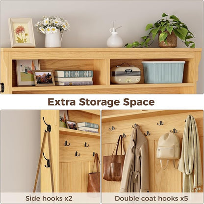IRONCK 80" H 47" W Large Hall Tree with Bench and Shoe Storage, 6-in-1 Entryway Bench with Coat Rack, Adjustable Shelf, Hanging Hooks, 11 Shoe Cubbies, 2-Tier Top Storage for Entryway and Bedroom, Oak