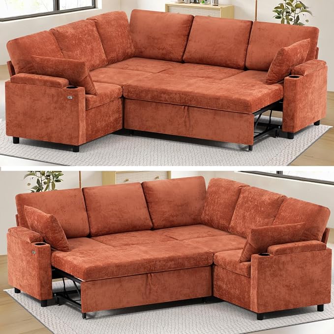 85" Chenille Sectional Sofa w/Pull Out Bed & Storage Space, Orange | Upholstery L Shaped Couch w/Cup Holders, Modern Corner Sofa w/USB Charging Port & Throw Pillow for Living Room