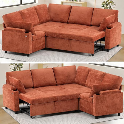 85" Chenille Sectional Sofa w/Pull Out Bed & Storage Space, Orange | Upholstery L Shaped Couch w/Cup Holders, Modern Corner Sofa w/USB Charging Port & Throw Pillow for Living Room