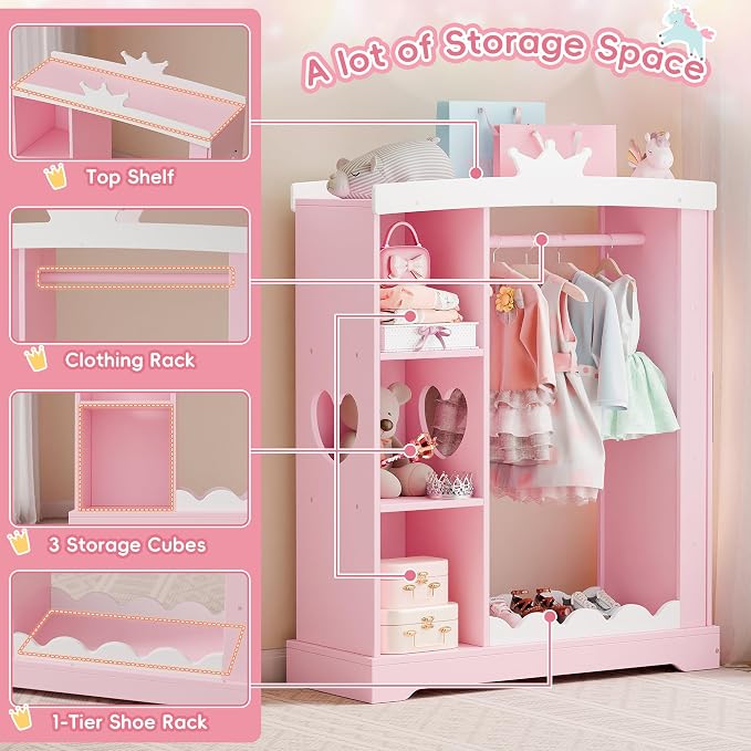 Xilingol Kids Armoire with Jewelry Cabinet, Dress up Storage with Mirror and Shelves, Princess Dress Closet and Costumes Wardrobe Closet, Costume Organizer for Bedroom, Kids Room, Girls (Pink)