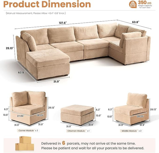 ovios Modular Sectional Sofa Couch with L-Shape Chaise Ottoman, Comfy Plush Corduroy Cloud Couches, Modern Luxury Deep Seat Sofas Set for Living Room, 6-Seater, Beige