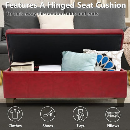 51 Inch Storage Ottoman, Storage Bench with Safety Hinge, Upholstered Synthetic Leather Ottoman Bench for Bedroom, Living Room, Entryway, Hallway, Foot Rest, Support 500lbs