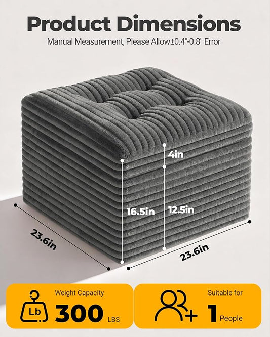 23.6in Pouf Ottoman, Corduroy Ottoman Foot Rest with Dual‑Layer Support, Large Poofy Pouf with Soft Chunk‑Foam Top & Firm Foam Base, Floor Foot Stool for Living Room, Dark Grey
