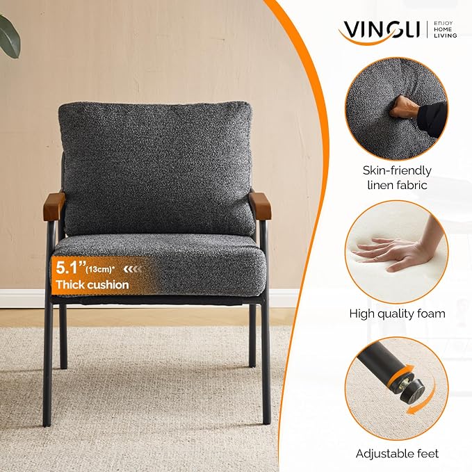 VINGLI Mid-Century Modern Accent Armchiar for Small Space, Small Comfy Upholstered Leisure Reading Chair with Wood Armrest for Bedroom, Living Room, Waiting Room, Linen Grey