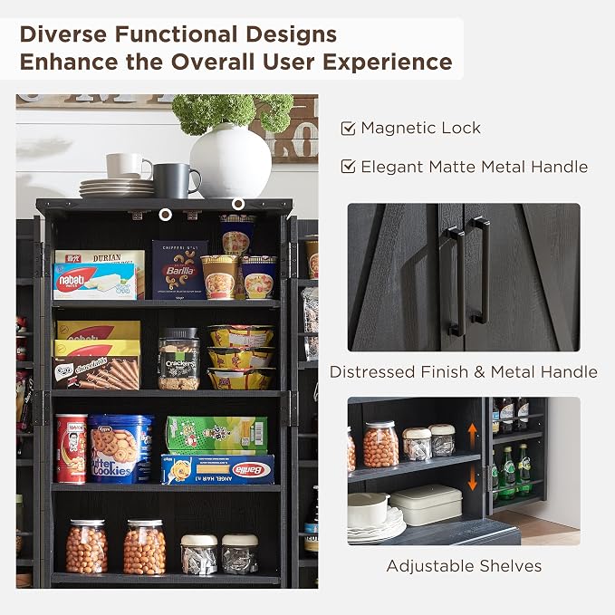 ACCOHOHO 47" Kitchen Pantry, Farmhouse Storage Cabinet with Barn Doors, Organizer and Adjustable Shelves, Rustic Wood Cupboard for Kitchen, Dining Room, Bathroom and Hallway, Black