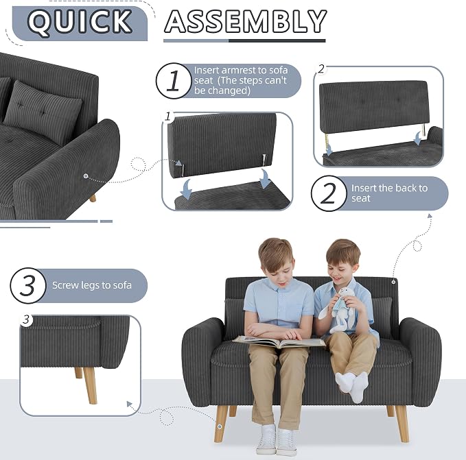 Shintenchi 48'' Loveseat Sofa, Mid-Century Modern Upholstered Couch Deep Seat with 2 Pillows, 10" Thick Cushion with Spring, Solid Wood Frame Small Couch for Living Room, Dorms & Office, Dark Grey