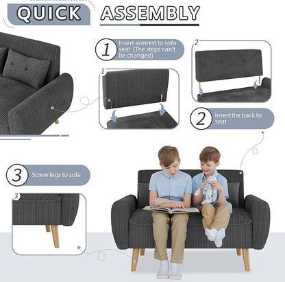 Shintenchi 48'' Loveseat Sofa, Mid-Century Modern Upholstered Couch Deep Seat with 2 Pillows, 10" Thick Cushion with Spring, Solid Wood Frame Small Couch for Living Room, Dorms & Office, Dark Grey
