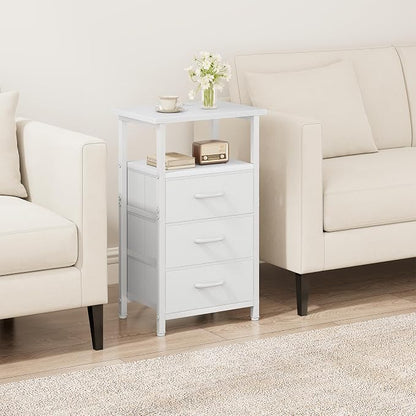 Vagusicc Nightstand with Charging Station, White Bedside Table with USB Ports and Outlet, End Table Side Table with 3 Fabric Drawers and Storage Shelf, Bed Side Table Night Stand for Bedroom, White