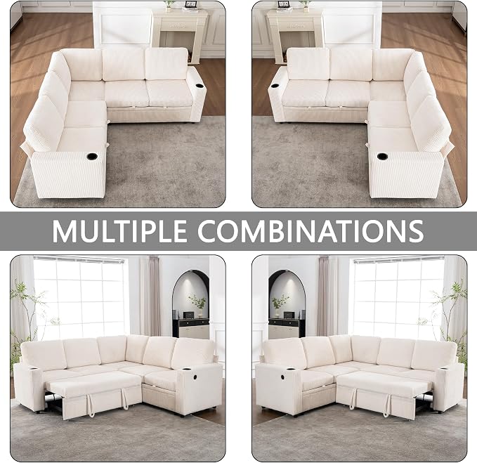 Sectional Sleeper Sofa with Pull Out Bed, Plush Corduroy L Shaped Corner Couch with Storage, USB Ports, Cup Holders, Comfy Sectional Couches for Living Room, White