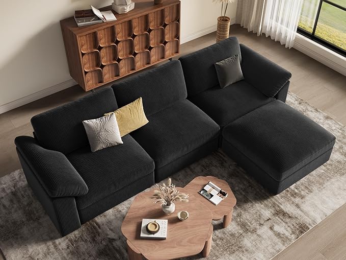 EASE MOOSE Black Modular Sectional deep Sofa, Modern Comfty Large L Shape Sectional Deep Couch with Ottoman, Oversized Modular Sofa for Living Room