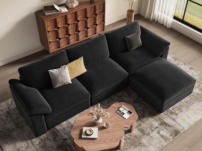 EASE MOOSE Black Modular Sectional deep Sofa, Modern Comfty Large L Shape Sectional Deep Couch with Ottoman, Oversized Modular Sofa for Living Room