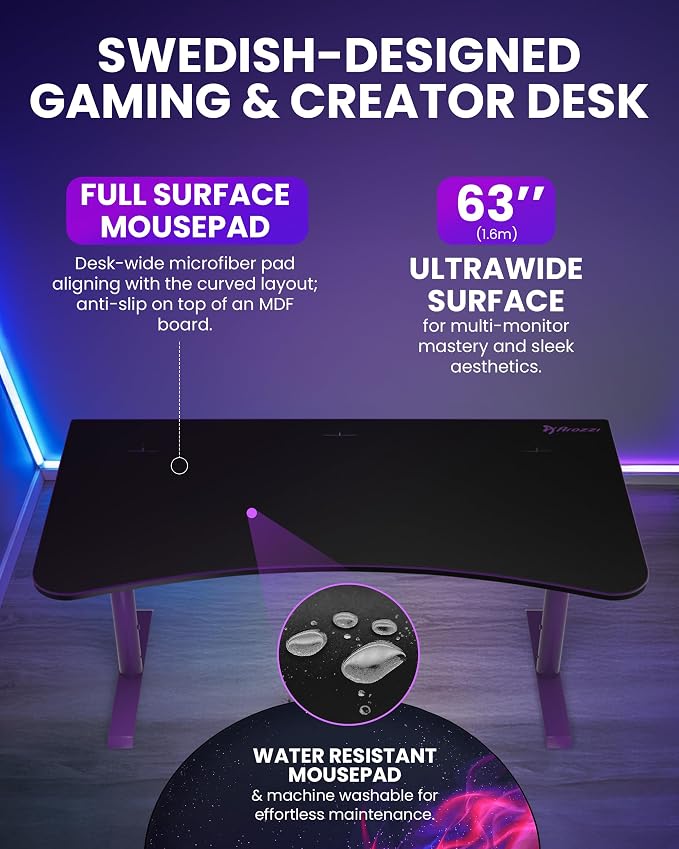 Arozzi Arena Large Gamer Desk - 63x32” Adjustable Height PC Gaming Desk with Storage for Cables & Triple-Monitor Support - Full-Surface Washable Mousepad - Purple