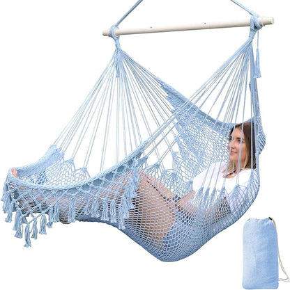 Chihee Hammock Chair Handmade Hanging Chair Cotton Rope Woven Hanging Seat Soft-Spun Large Stretch Hammock Swing, Collapsible Strong Metal Spreader Bar Elegant Macrame Comfort Indoor Outdoor Garden