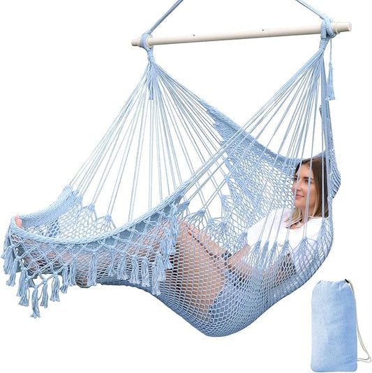 Chihee Hammock Chair Handmade Hanging Chair Cotton Rope Woven Hanging Seat Soft-Spun Large Stretch Hammock Swing, Collapsible Strong Metal Spreader Bar Elegant Macrame Comfort Indoor Outdoor Garden