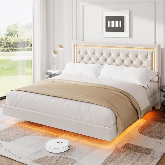 Garvee Floating Bed Frame King Size with Smart Led Lights, Upholstered Platform Bed with Diamond Headboard, Solid Wood Slats Support, No Box Spring Needed, Noise-Free, Easy Assembly, White