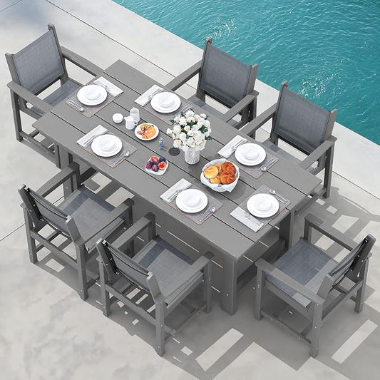 SERWALL Patio Dining Sets for 6, Outdoor HDPE Dining Set with Umbrella Hole Cut-Out Table and 6 Woven Chairs, Gray