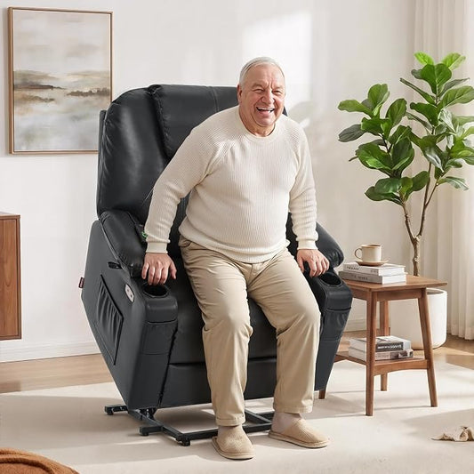 MCombo Oversized Power Lift Recliner Chair for Elderly, Lift Chair with Heat and Massage for Big and Tall, USB&Type C Ports, Cup Holders, Faux Leather R7510 (Black, Large-Wide)