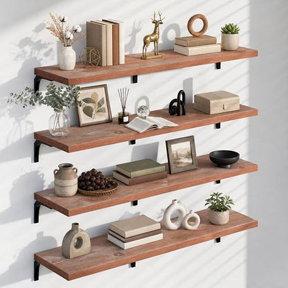 12 Inch Deep Floating Shelves Set of 4, 60 Inch Extra Long Brown Solid Wood Wall Shelves, 5ft Heavy Duty Farmhouse Wall Mounted Shelving for Kitchen, Living Room & Bedroom