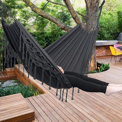 Double Boho Macrame Hammock with Elegant Tassels for Patio, Yard, Beach Wedding Decor, Outdoor and Indoor Up to 450lbs Include Tie Ropes and Drawstring Bag （Dark Grey）