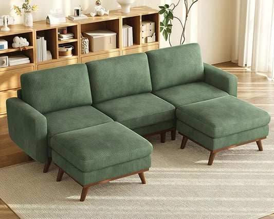 Vesgantti 97" Modular Sectional Sofa Green, U-Shaped Couch with Movable Ottoman, Comfy Corduroy Couch with Spring Cushion, Modular Sofa with Deep Seat for Living Room, Bedroom and Apartment